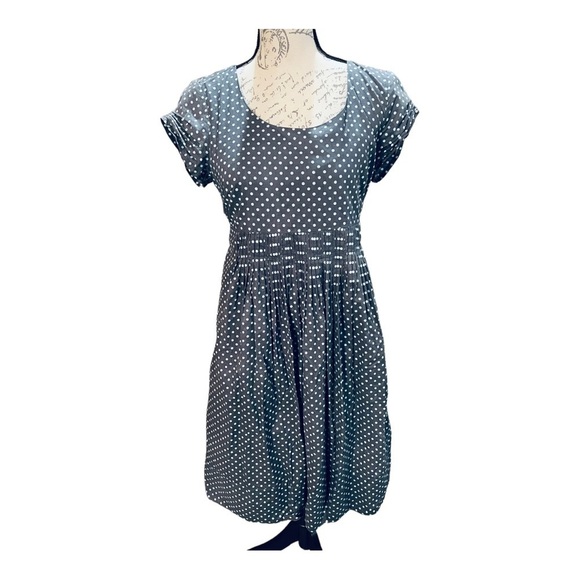 Garnet Hill Gray Light Blue Polka Dot Fit Flare Dress 8P 100% cotton - Picture 1 of 11